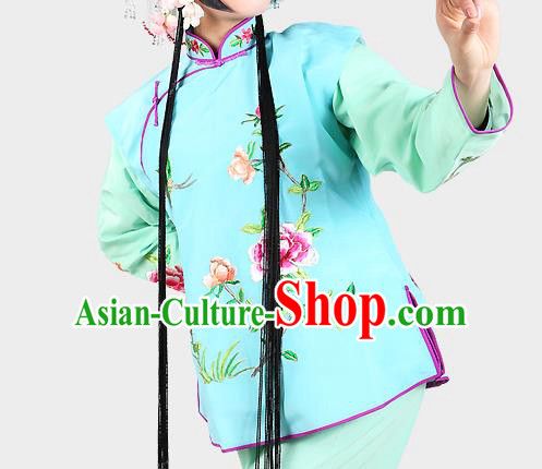 Chinese Beijing Opera Servant Girl Costume Embroidered Light Blue Vest, China Peking Opera Actress Embroidery Waistcoat Clothing