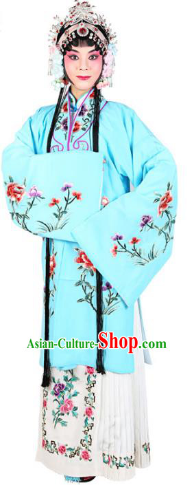 Chinese Beijing Opera Actress Embroidered Peony Costume, Traditional China Peking Opera Diva Embroidery Light Blue Clothing