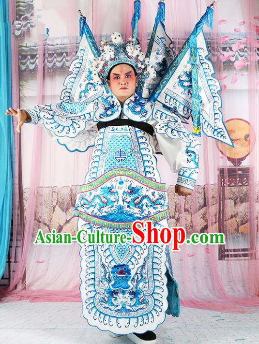 Chinese Beijing Opera General Costume White Embroidered Robe, China Peking Opera Embroidery Gwanbok Clothing
