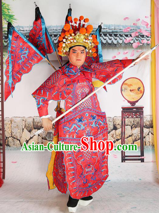 Chinese Beijing Opera General Costume Red Embroidered Robe, China Peking Opera Warrior Embroidery Gwanbok Clothing
