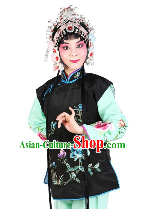 Chinese Beijing Opera Servant Girl Costume Embroidered Black Vests, China Peking Opera Actress Embroidery Waistcoat Clothing