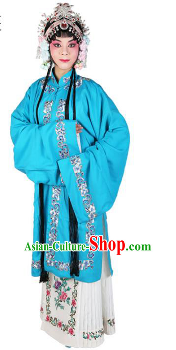 Chinese Beijing Opera Actress Costume Blue Embroidered Cape, Traditional China Peking Opera Nobility Lady Embroidery Clothing