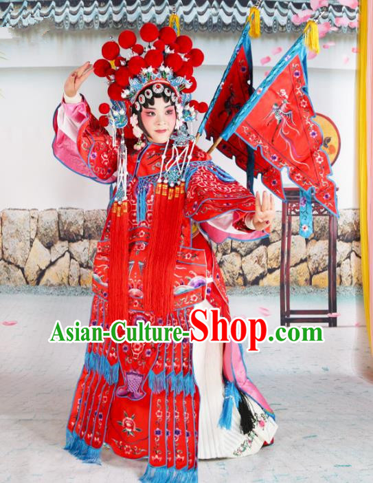 Chinese Beijing Opera Female General Red Embroidered Costume, China Peking Opera Blues Embroidery Clothing