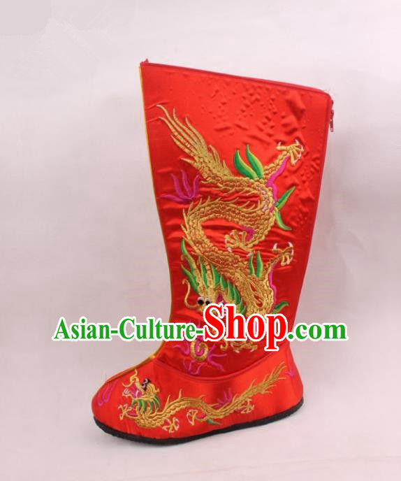 Asian Chinese Beijing Opera Niche Embroidered Dragon Shoes, Traditional China Peking Opera Young Men Hanfu Red Boots