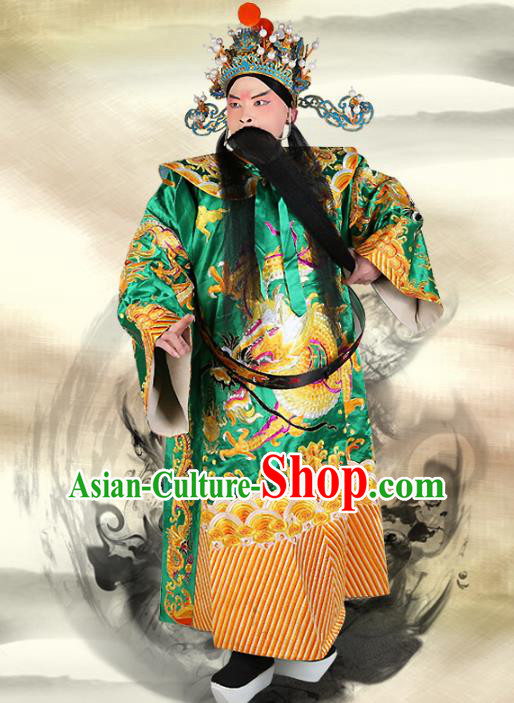 Chinese Beijing Opera Royal Highness Costume Dragons Embroidered Robe, China Peking Opera Prime Minister Embroidery Green Gwanbok Clothing