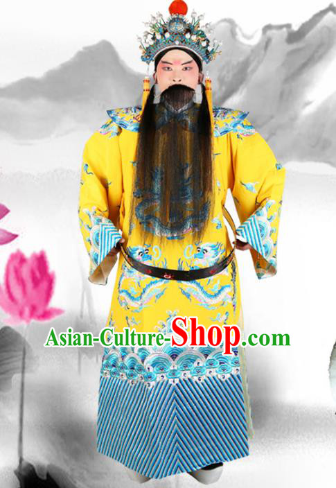 Chinese Beijing Opera Royal Highness Costume Dragons Embroidered Robe, China Peking Opera Prime Minister Yellow Gwanbok Clothing