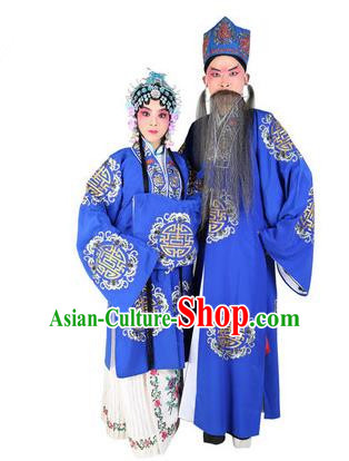Chinese Beijing Opera Old Men and Women Embroidered Blue Costume, China Peking Opera Ministry Councillor Landlord Shiva Embroidery Clothing
