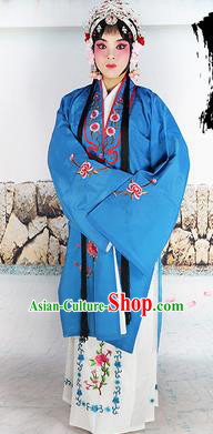 Chinese Beijing Opera Actress Nobility Lady Embroidered Blue Costume, China Peking Opera Diva Embroidery Clothing