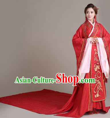 Traditional Chinese Han Dynasty Imperial Empress Wedding Costume, China Ancient Bride Hanfu Tailing Embroidered Clothing for Women