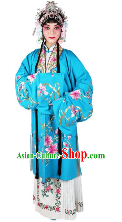 Chinese Beijing Opera Actress Embroidered Flowers Blue Costume, China Peking Opera Diva Embroidery Clothing