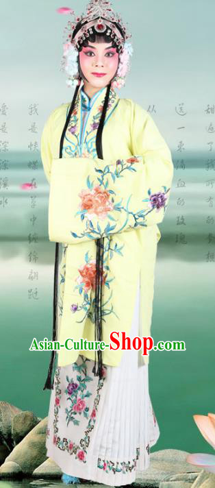 Chinese Beijing Opera Actress Embroidered Flowers Yellow Costume, China Peking Opera Diva Embroidery Clothing