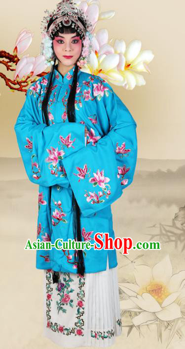Chinese Beijing Opera Actress Embroidered Magnolia Blue Costume, China Peking Opera Diva Embroidery Clothing