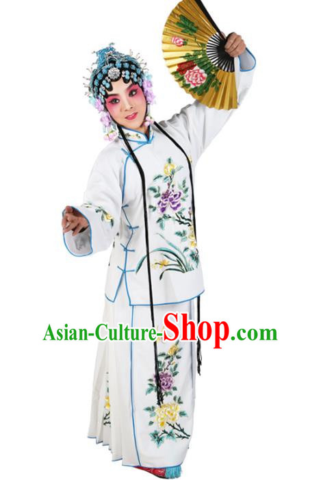 Chinese Beijing Opera Actress Young Lady Embroidered White Costume, China Peking Opera Embroidery Clothing