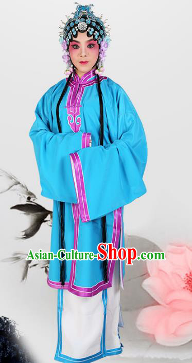 Chinese Beijing Opera Actress Young Lady Blue Cape Costume, China Peking Opera Tsingyi Embroidery Clothing
