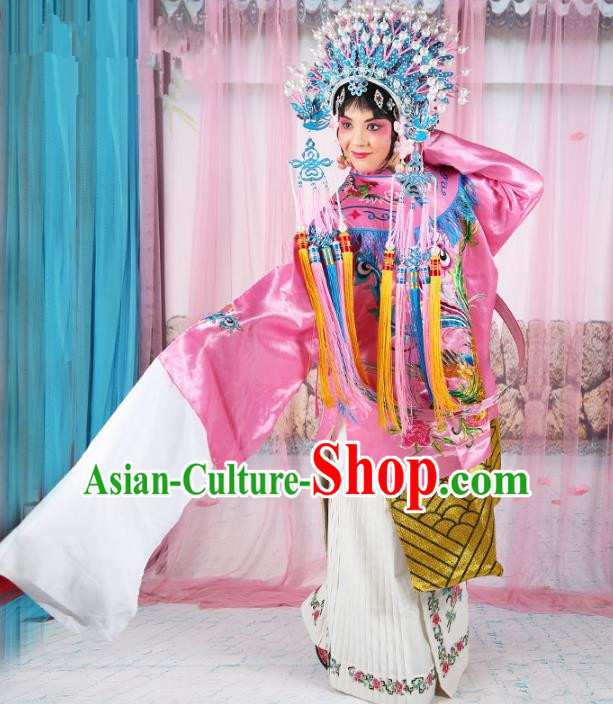 Chinese Beijing Opera Actress Imperial Empress Costume Pink Embroidered Robe, China Peking Opera Diva Queen Clothing