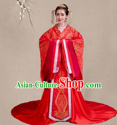 Traditional Chinese Han Dynasty Princess Wedding Red Costume, China Ancient Palace Bride Hanfu Embroidered Clothing for Women