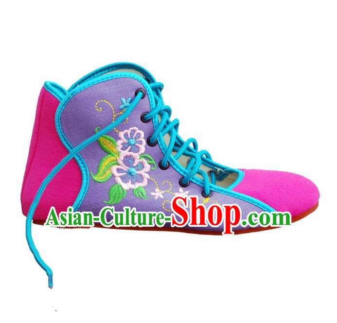 Traditional Chinese National Bride Purple Embroidered Shoes, China Handmade Embroidery Flowers Plimsolls for Women
