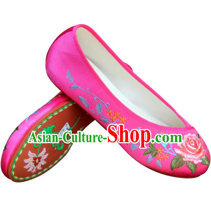 Traditional Chinese National Bride Peach Pink Embroidered Shoes, China Handmade Embroidery Peony Flowers Hanfu Cloth Shoes for Women
