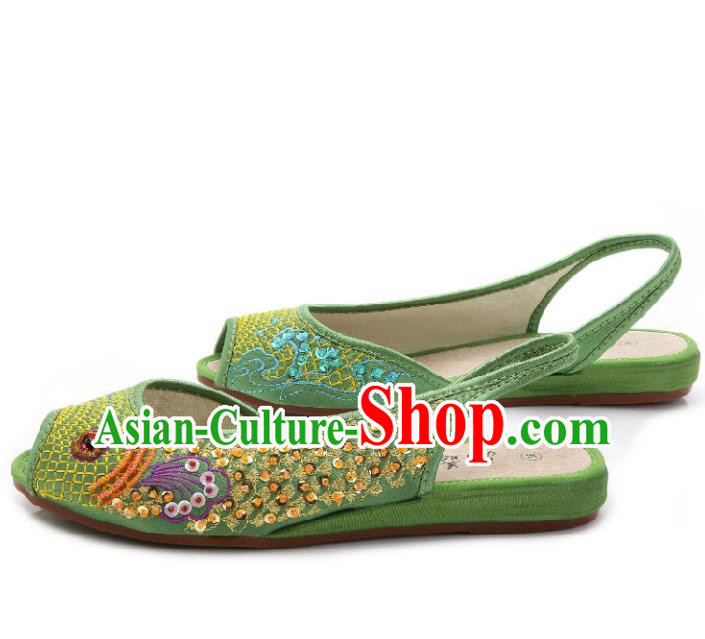 Traditional Chinese National Bride Green Paillette Embroidered Sandal, China Handmade Embroidery Flowers Peep-toe Shoes for Women