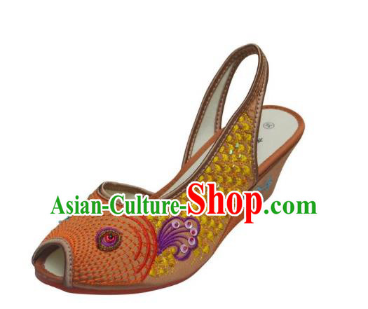 Traditional Chinese National Bride Yellow Paillette Embroidered Sandal, China Handmade Embroidery Flowers Peep-toe Shoes for Women