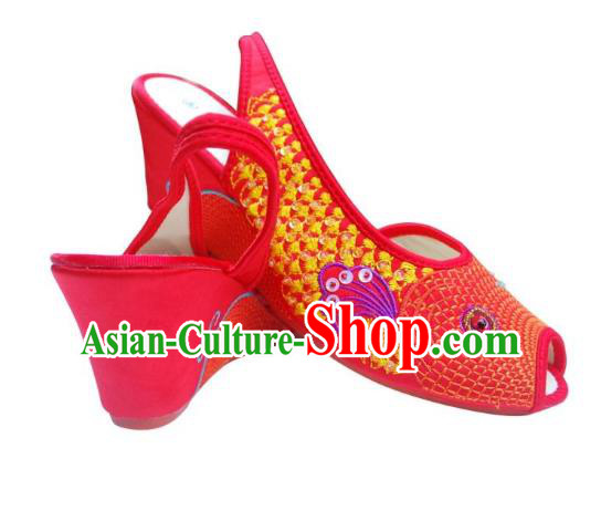 Traditional Chinese National Bride Red Paillette Embroidered Sandal, China Handmade Embroidery Flowers Peep-toe Shoes for Women