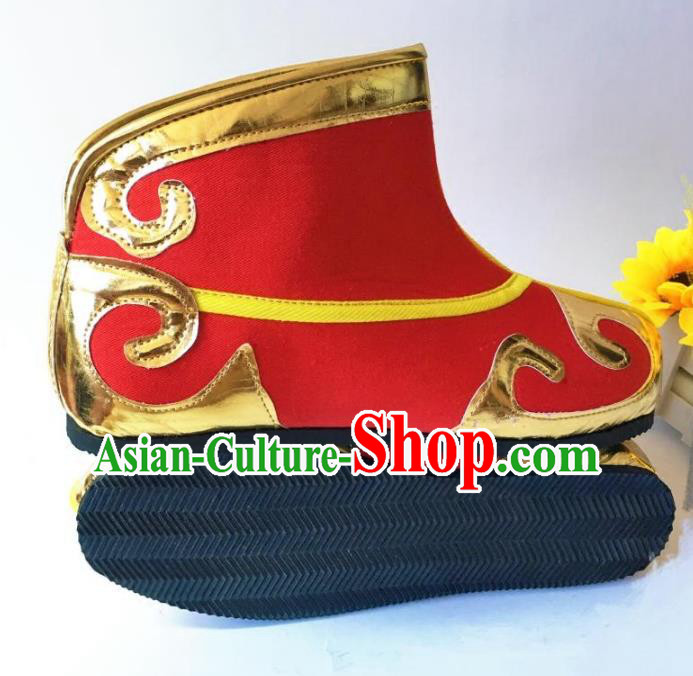 Traditional Handmade Chinese Peking Opera Takefu Red Boots Hanfu Handsome Monkey King Shoes for Men