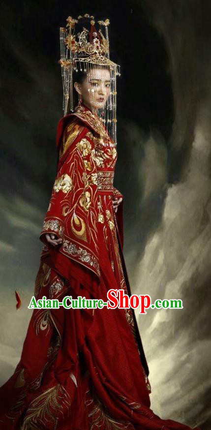 Traditional Ancient Chinese Tang Dynasty Palace Lady Princess Wedding Embroidered Tailing Costume and Headpiece Complete Set for Women