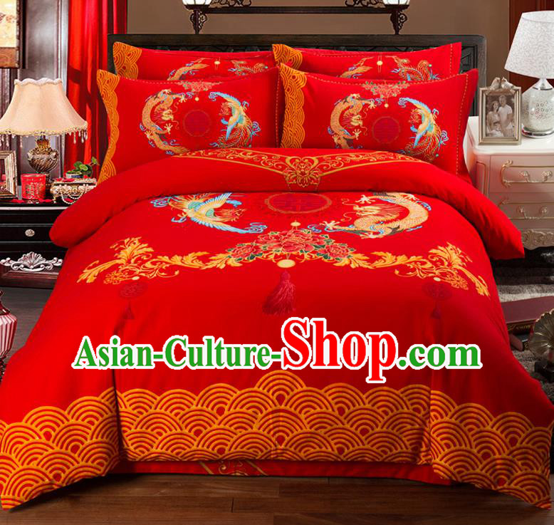 Traditional Chinese Style Wedding Bedding Set, China National Printing Dragon and Phoenix Red Textile Bedding Sheet Quilt Cover Complete Set