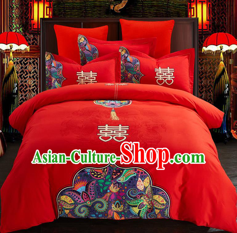 Traditional Chinese Style Wedding Bedding Set, China National Marriage Printing Red Textile Bedding Sheet Quilt Cover Complete Set