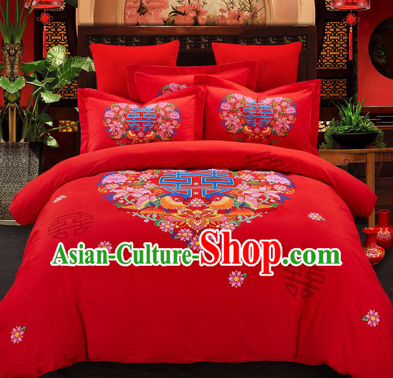 Traditional Chinese Style Wedding Bedding Set, China National Marriage Printing Mandarin Duck Red Textile Bedding Sheet Quilt Cover Complete Set