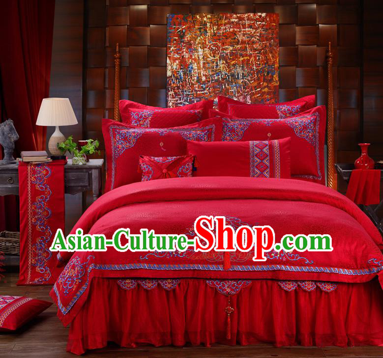 Traditional Chinese Style Wedding Bedding Set, China National Marriage Embroidery Red Textile Bedding Sheet Quilt Cover Ten-piece suit