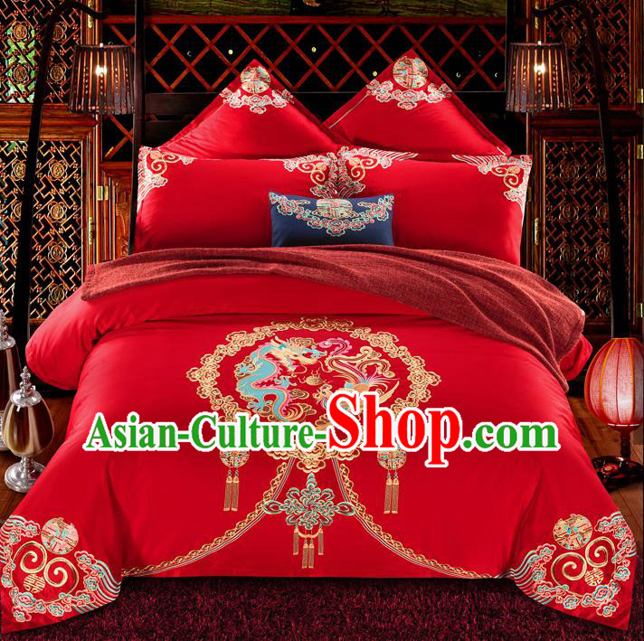 Traditional Chinese Style Wedding Bedding Set, China National Marriage Embroidery Dragon and Phoenix Red Textile Bedding Sheet Quilt Cover Seven-piece suit