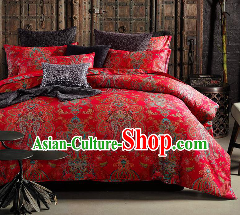Traditional Chinese Style Wedding Bedding Set, China National Marriage Printing Red Satin Textile Bedding Sheet Quilt Cover Four-piece suit