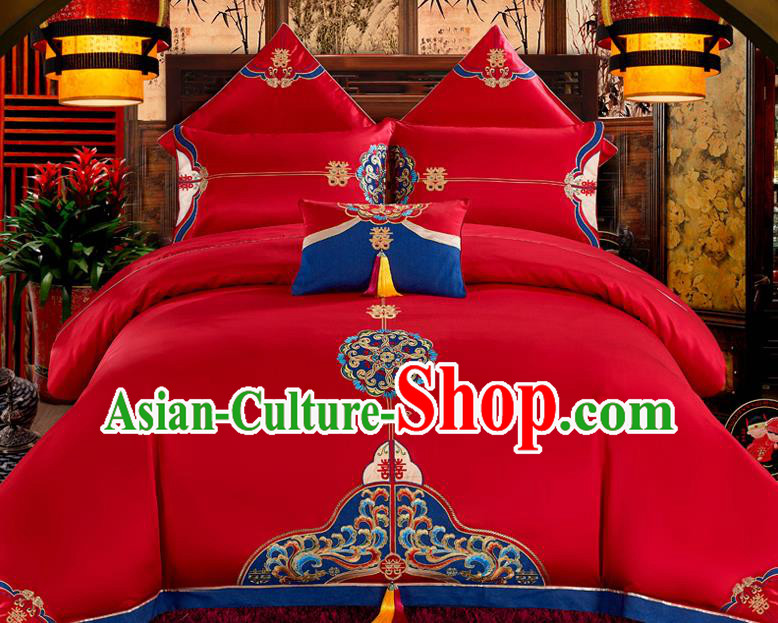 Traditional Chinese Style Wedding Bedding Set, China National Marriage Printing Red Textile Bedding Sheet Quilt Cover Four-piece suit