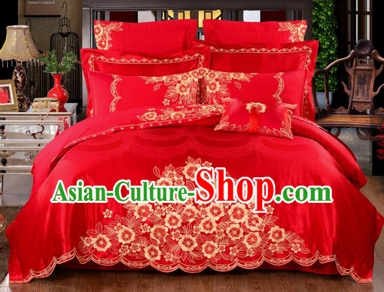Traditional Chinese Style Marriage Bedding Set Embroidered Flowers Wedding Celebration Red Satin Drill Textile Bedding Sheet Quilt Cover Ten-piece Suit