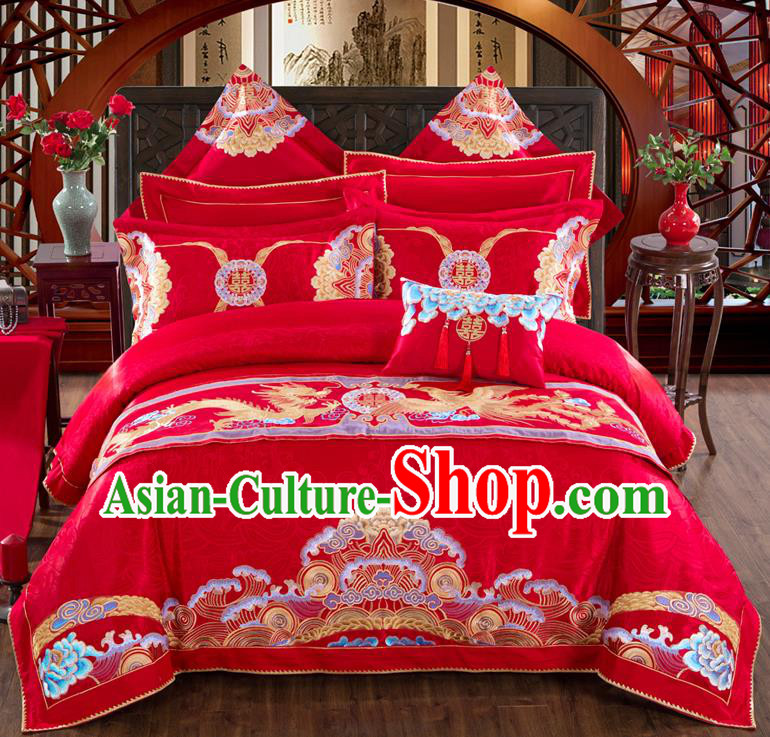 Traditional Chinese Style Marriage Embroidered Bedding Set Wedding Celebration Red Satin Drill Textile Bedding Sheet Quilt Cover Ten-piece Suit
