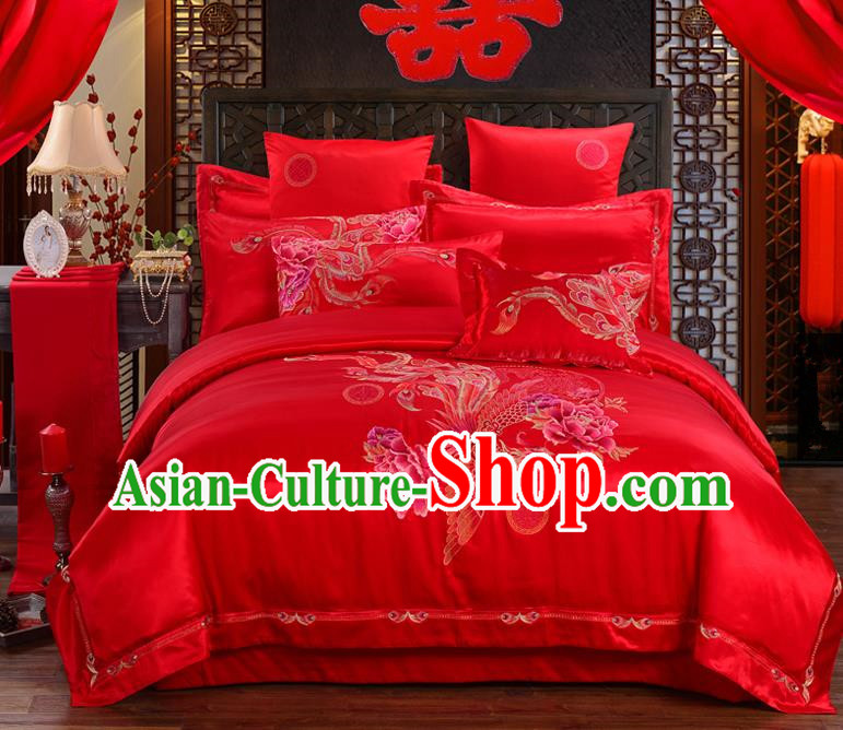 Traditional Chinese Style Marriage Embroidered Dragon and Phoenix Bedding Set Wedding Celebration Red Satin Drill Textile Bedding Sheet Quilt Cover Ten-piece Suit