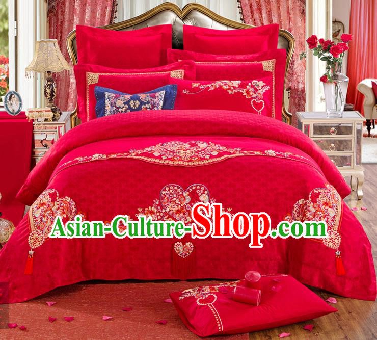Traditional Chinese Style Marriage Embroidered Bedclothes Set Wedding Celebration Red Satin Drill Textile Bedding Sheet Quilt Cover Ten-piece Suit