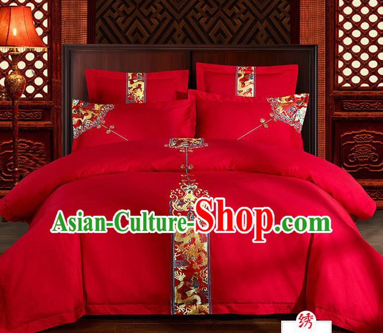Traditional Chinese Style Marriage Bedding Set, China National Embroidered Dragon Wedding Red Textile Bedding Sheet Quilt Cover Four-piece suit