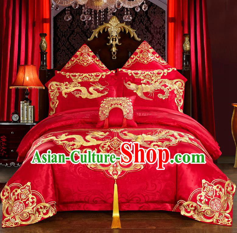 Traditional Chinese Style Marriage Bedding Set Printing Dragon and Phoenix Wedding Red Textile Bedding Sheet Quilt Cover 11-piece Suit