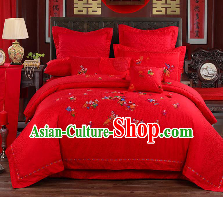 Traditional Chinese Style Marriage Bedding Set Embroidered Hundred Playing Children Wedding Red Textile Bedding Sheet Quilt Cover Ten-piece Suit