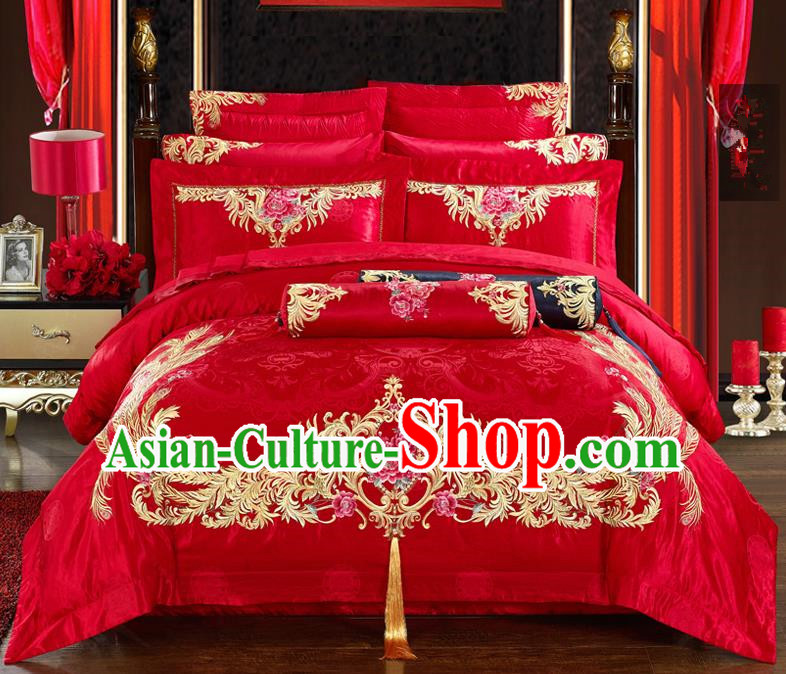 Traditional Chinese Style Marriage Bedding Set Embroidered Phoenix Wedding Red Satin Textile Bedding Sheet Quilt Cover Ten-piece Suit
