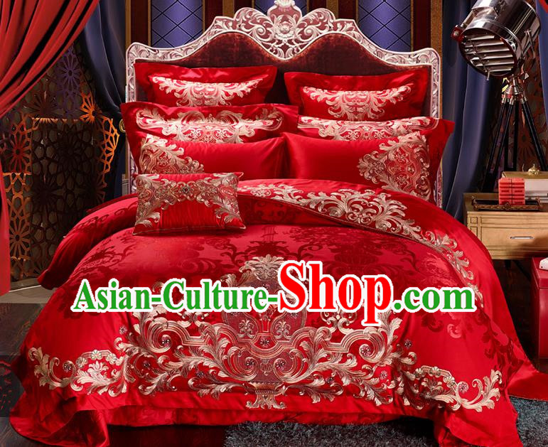 Traditional Chinese Style Marriage Bedding Set Embroidered Wedding Red Satin Textile Bedding Sheet Quilt Cover Ten-piece Suit