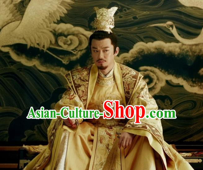Traditional Chinese Tang Dynasty Imperial Emperor Clothing Ancient Majesty Embroidered Costume and Headpiece Complete Set for Men