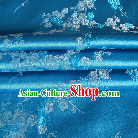 Chinese Royal Palace Traditional Costume Wintersweet Pattern Blue Satin Brocade Fabric, Chinese Ancient Clothing Drapery Hanfu Cheongsam Material
