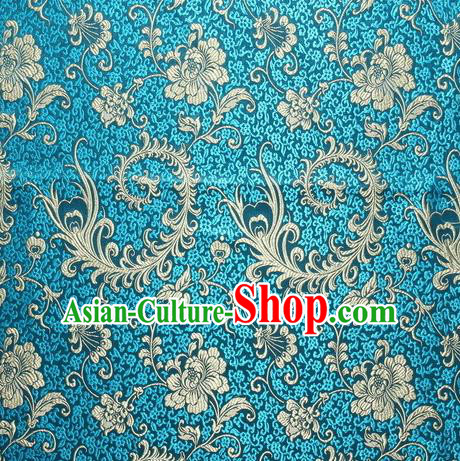 Chinese Royal Palace Traditional Costume Pteris Pattern Blue Satin Brocade Fabric, Chinese Ancient Clothing Drapery Hanfu Cheongsam Material