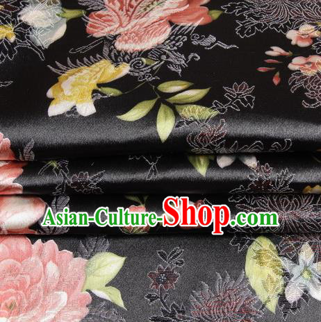 Chinese Traditional Costume Royal Palace Peony Pattern Black Satin Brocade Fabric, Chinese Ancient Clothing Drapery Hanfu Cheongsam Material