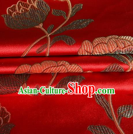 Chinese Royal Palace Traditional Costume Lotus Pattern Red Satin Brocade Fabric, Chinese Ancient Clothing Drapery Hanfu Cheongsam Material