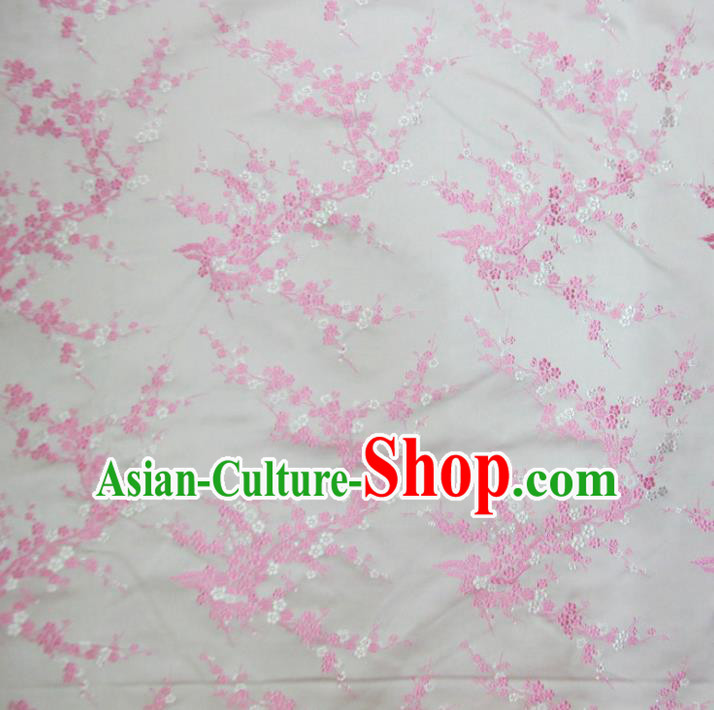 Chinese Traditional Costume Royal Palace Pink Wintersweet Pattern Satin White Brocade Fabric, Chinese Ancient Clothing Drapery Hanfu Cheongsam Material