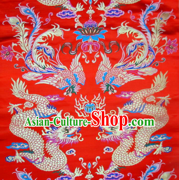Chinese Traditional Costume Royal Palace Phoenix Dragon Pattern Red Satin Nanjing Brocade Fabric, Chinese Ancient Clothing Drapery Hanfu Cheongsam Material